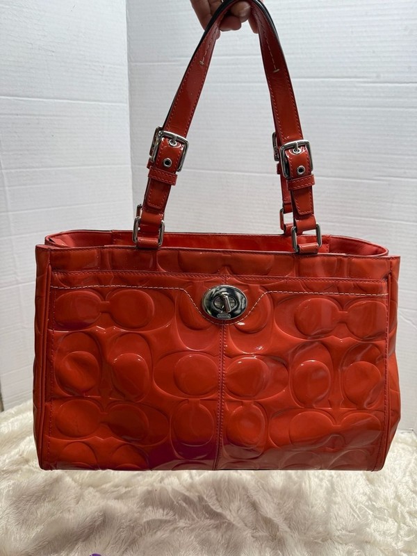 Coach Hamptons Embossed Patent Leather Carryall Tote Orange F14413