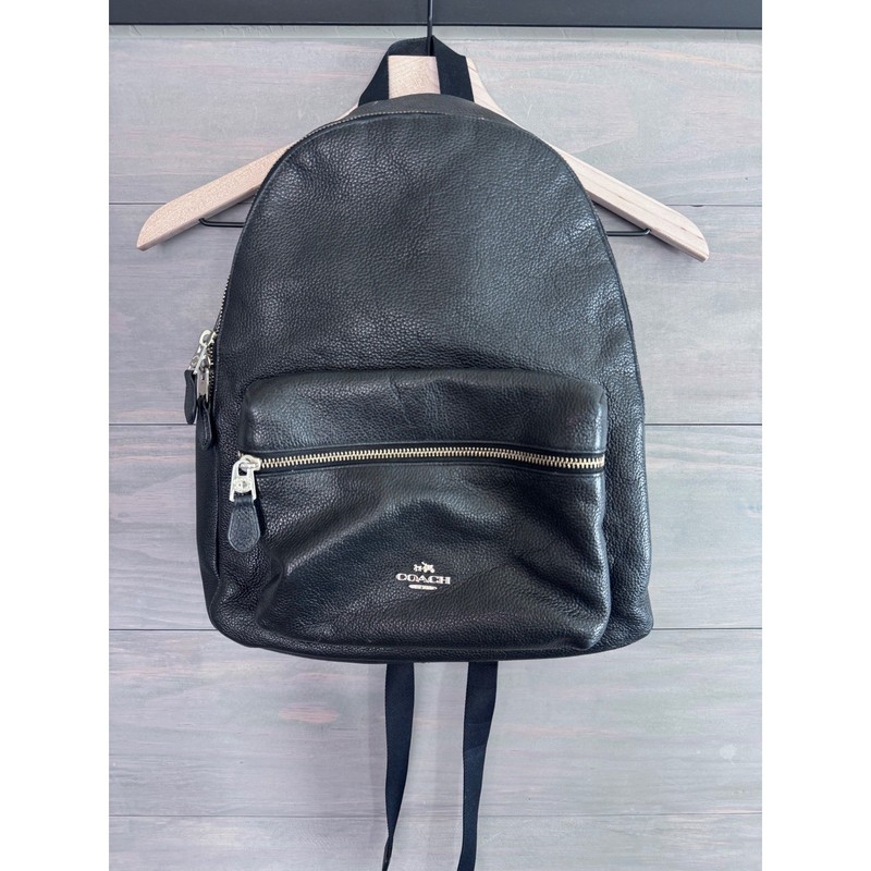 Coach Charlie Medium Backpack Black Pebbled Leather Gold Hardware F30550