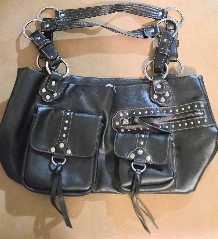 Unlisted Y2K Black Studded Moto Shoulder Bag Leather Multi Pocket Purse