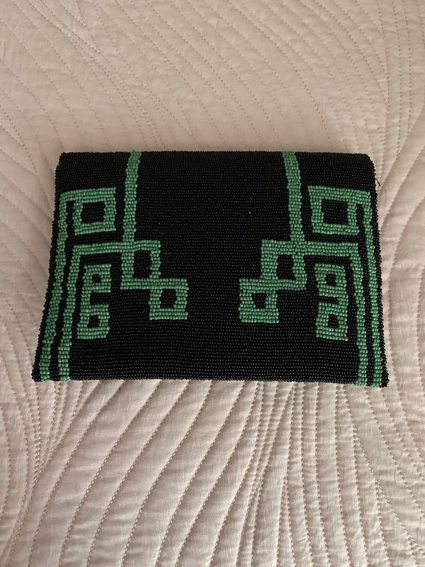Vintage Hand Beaded Envelope Clutch Purse Black & Mint Green Geometric Tassel gallery