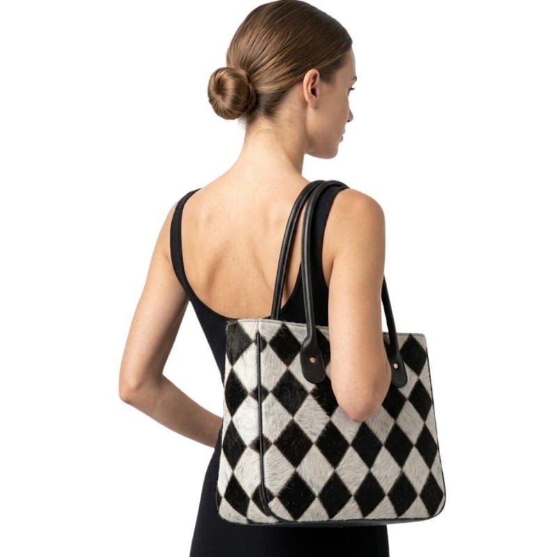 Handmade Patchwork Cowhide Leather Tote – Diamond Pattern Hair-On Handbag gallery