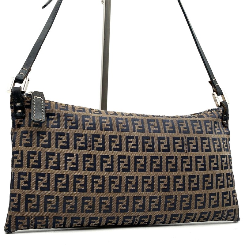 FENDI Shoulder Bag Zucchino Canvas Leather Brown Vintage Authentic From Japan