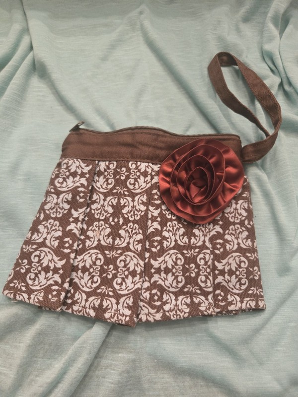 Ganz Brown & White Floral Canvas Wristlet Bag with Flower Accent for Women