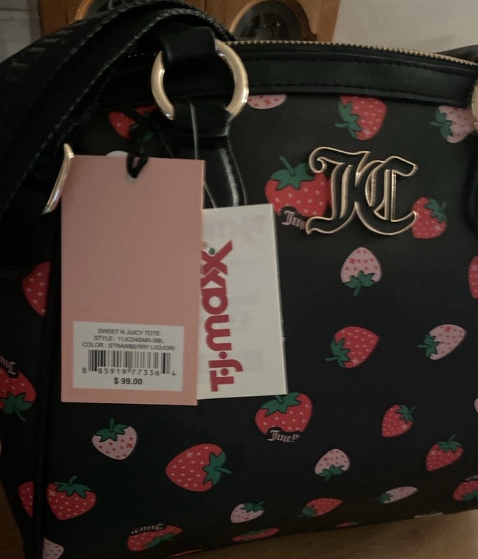 Juicy Couture Black Strawberry Fruit Print Satchel Top Handle Zip w Strap