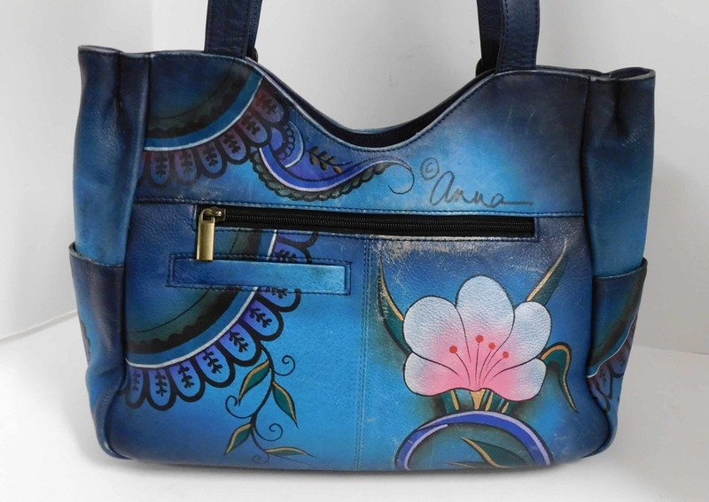 Anna By Anuschka Women's Hand Painted Blue Leather Tote Bag Purse Floral Paisley gallery