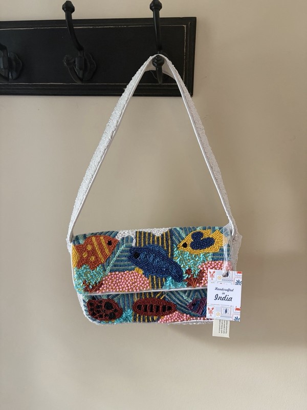 Women’s Multicolor Beaded Fish Small Shoulder Bag Zip Closure White Strap Lined