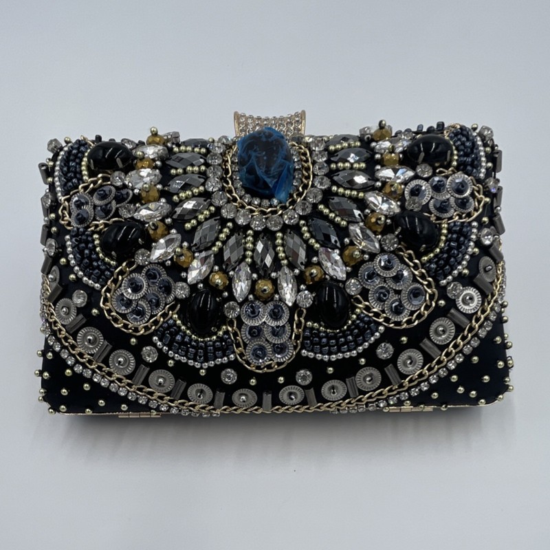 Beaded Crystal Rhinestone Clutch Black Metallic Detachable Gold Chain Strap