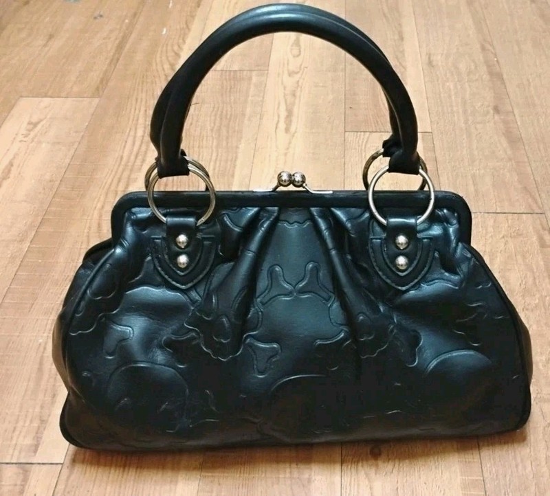 Lux De Ville Black Soft Leather Embossed Skulls Clutch Style Purse Rare gallery