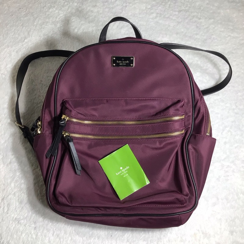 Kate Spade New York Backpack Book Bag Tote Purple Gold Hardware Black Trim