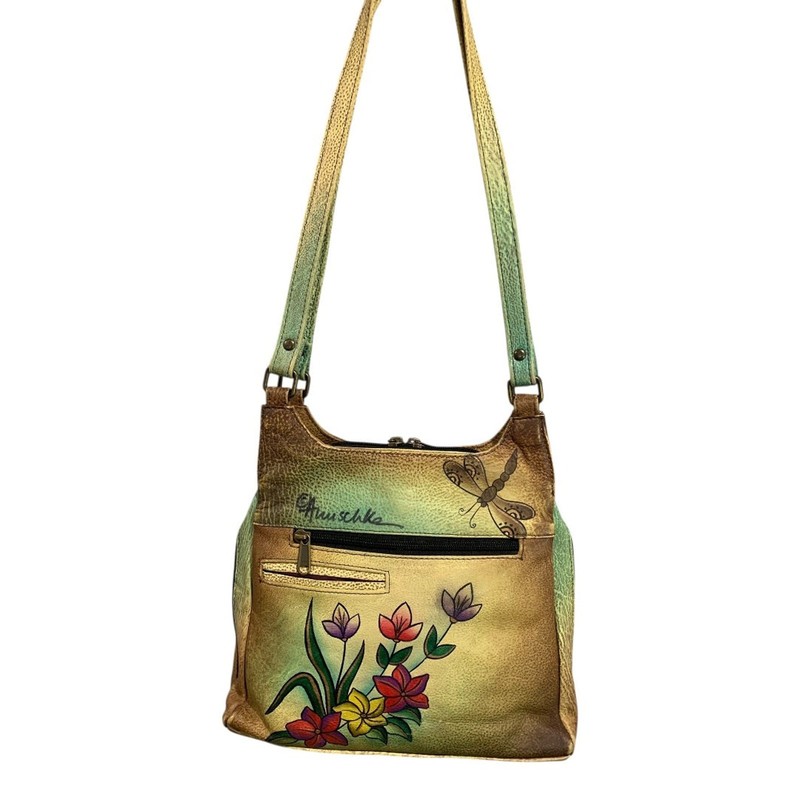Anuschka Flower Leather 3 Compartment Shoulder Bag Hand-Painted USA gallery