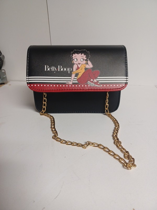 Betty Boop Purse Black W/ Red & White Stripes Polka Dots Gold Chain Strap