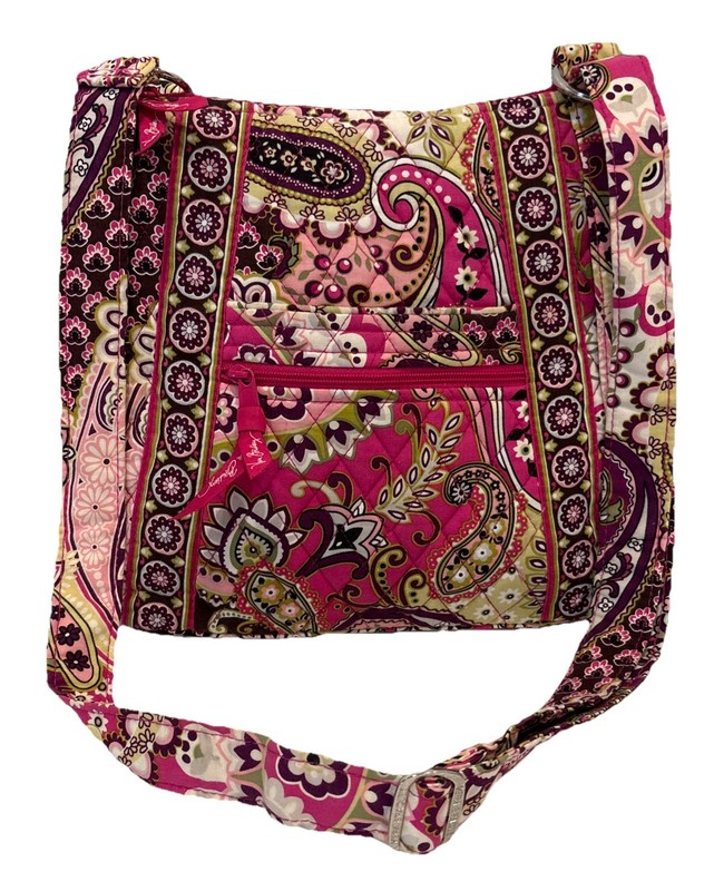 Vera Badley Crossbody Bag Pink Paisley Plum Triple Zip Slimline Adjustable Strap