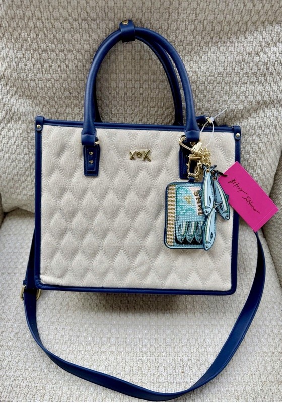 Betsey Johnson XOLALA Quilted Canvas Sardine Tote Bag Navy Cream Crossbody NWT