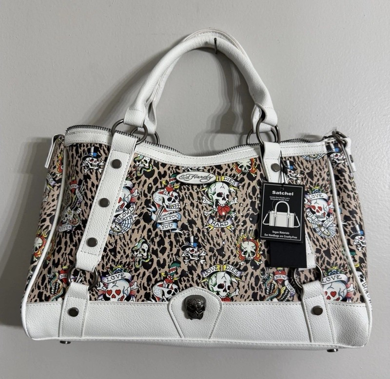 Ed Hardy Rhinestone Leopard & White Double Handle Crossbody Satchel