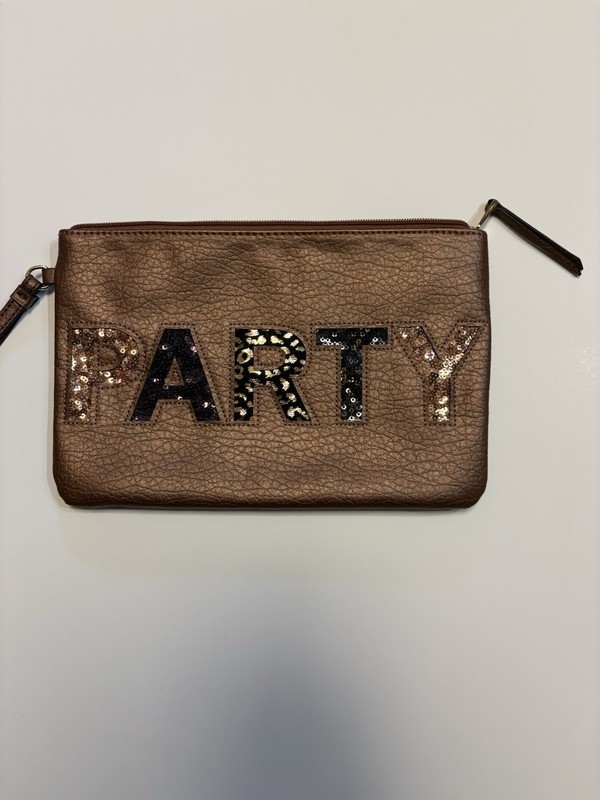 Juicy Couture Brown Sequin Wristlet Clutch Zip Closure Pink Lining Party
