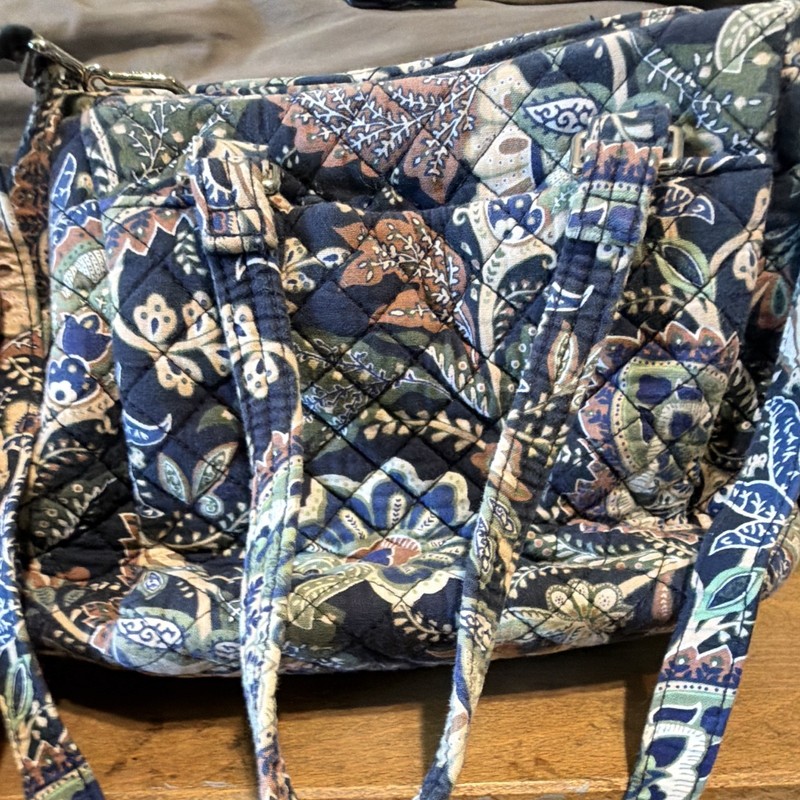 Vera Bradley Floral Quilted Tote Bag Blue Beige Brown Zip Closure Double Handles