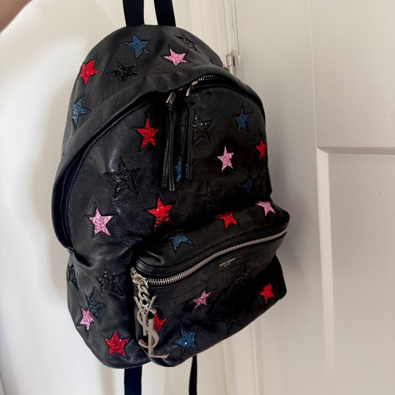 Saint Laurent Black Star Print Zip Backpack Silver Hardware Adjustable Straps