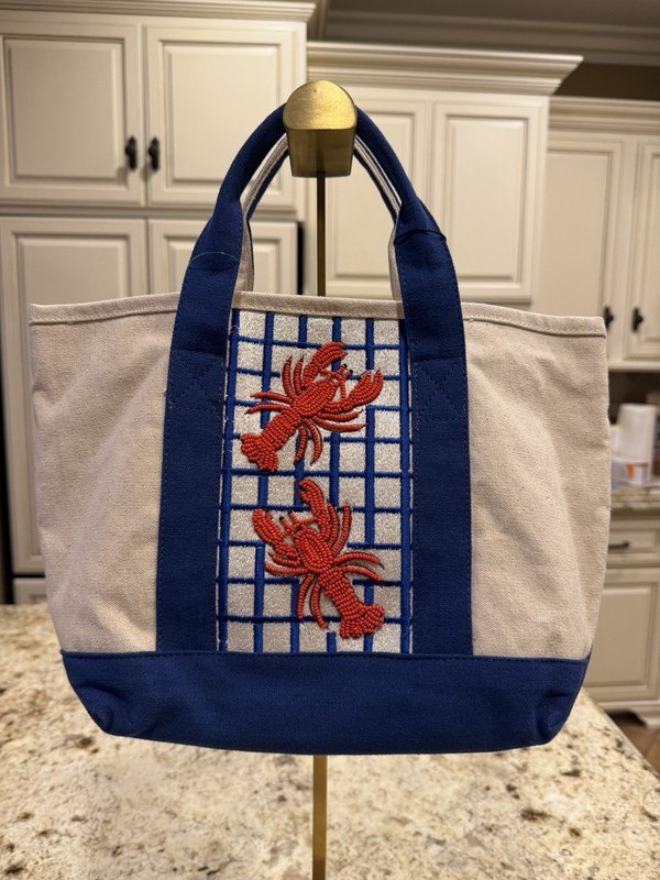 America & Beyond Beaded Embroidered Lobster Tote Bag Beige Blue Snap Closure