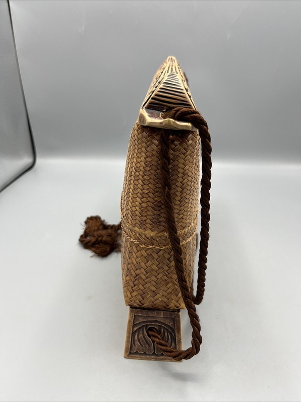 Purse Handbag Wood Handle Carved Wood Base Handmade 9" Tall 10 1/2" Wide gallery