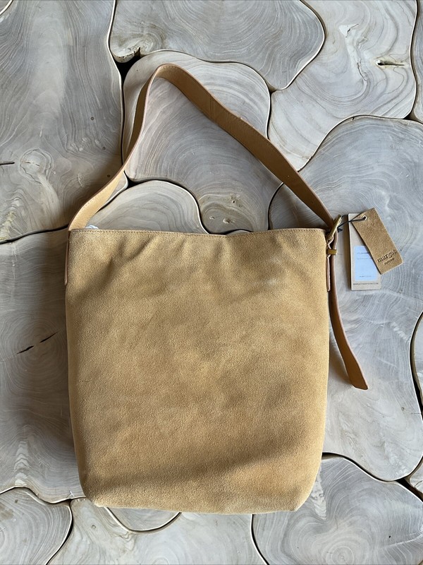 Margot New York Suede Kaye Bucket Tote Shoulder Bag Camel Tan Genuine Leather