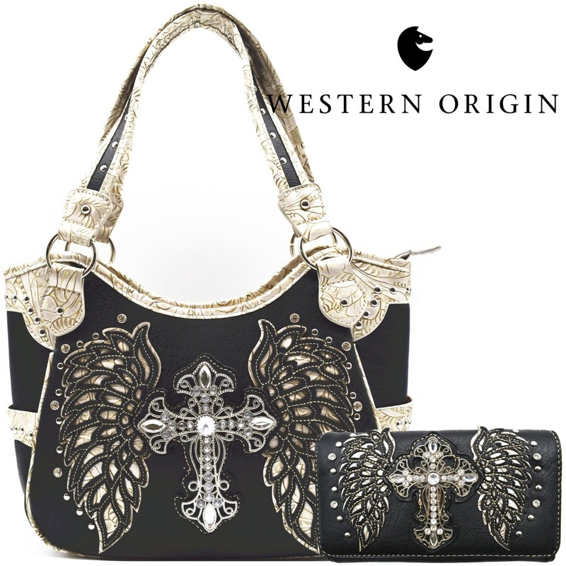 Western Handbag Cross Angel Wing Concealed Carry Purse Women Shoulder Bag Wallet