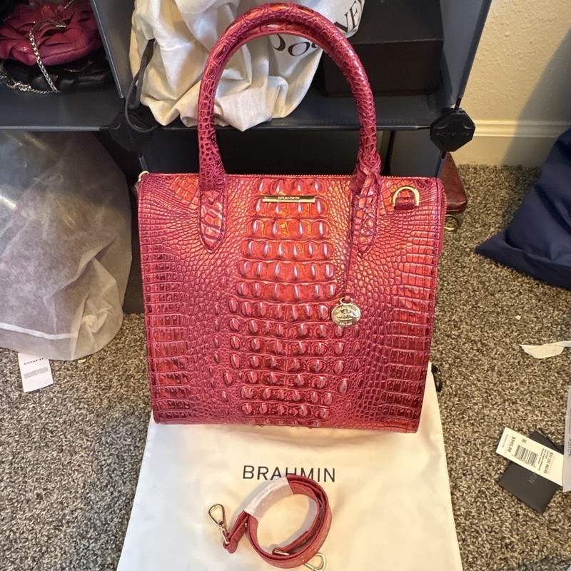 Brahmin Red Croc Embossed Satchel Top Handle Zip Detachable Strap Dust Bag