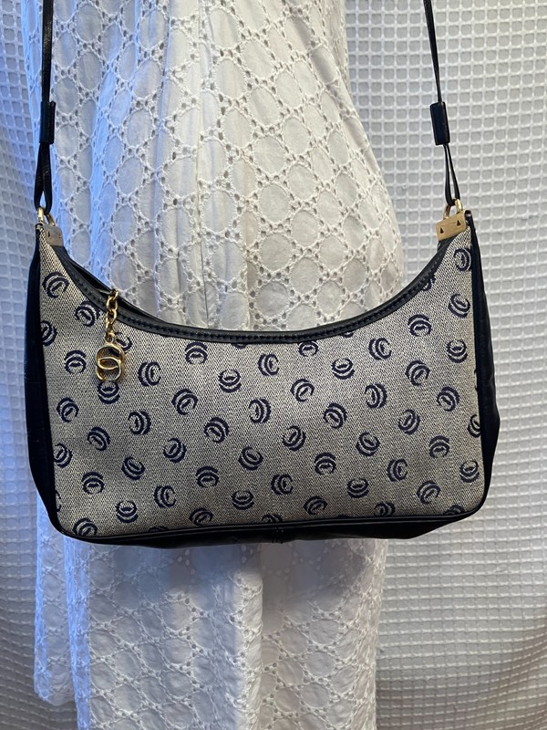 Oleg Cassini Crossbody Handbag, Leather & Monogram Fabric, Vintage, Very Good