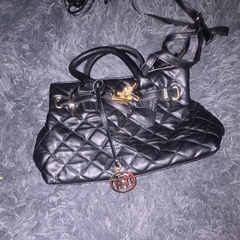 Badgley Mischka Black Quilted Satchel Top Handle Zip w/ Strap & Charm