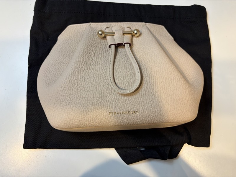 Strathberry Beige Pebbled Crossbody Bag Magnetic Closure Gold Hardware Dust Bag