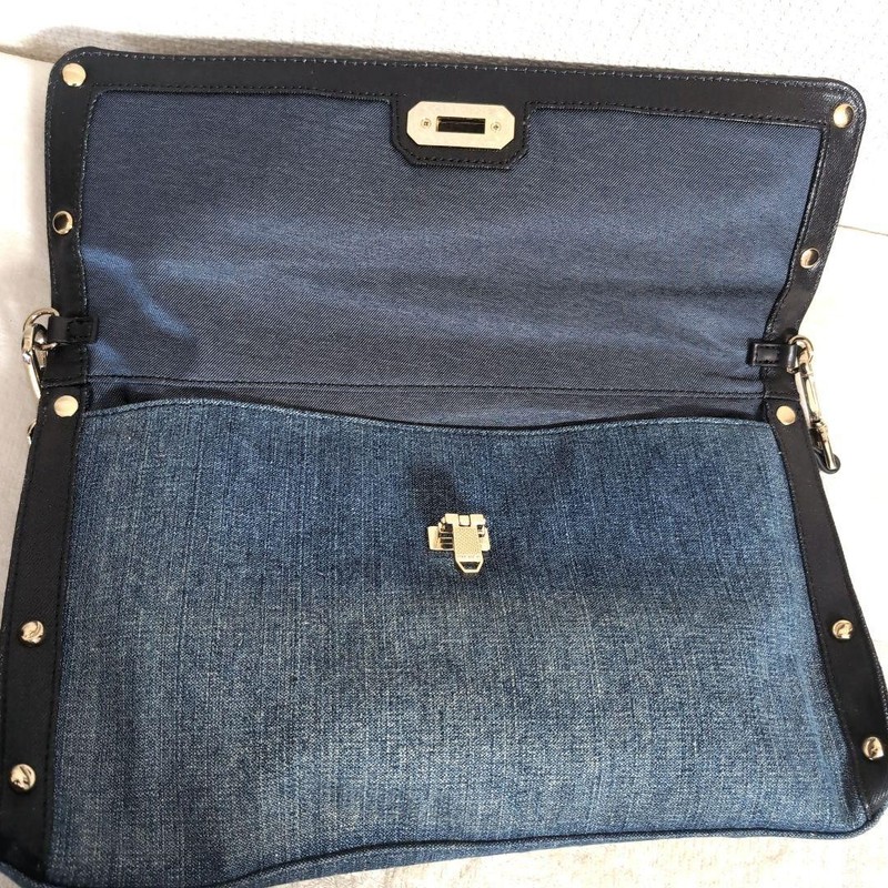 DIESEL Denim Shoulder Bag Blue and Black Mixed Material Metal Lock Studs gallery
