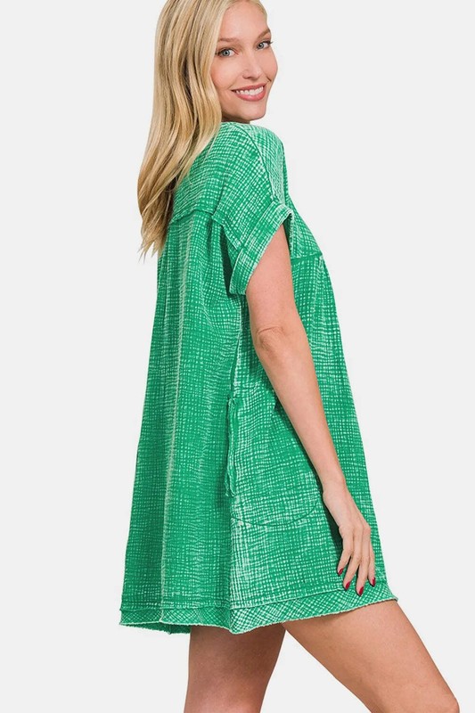 Zenana Washed Notched Short Sleeve Mini Dress Soft Cotton gallery