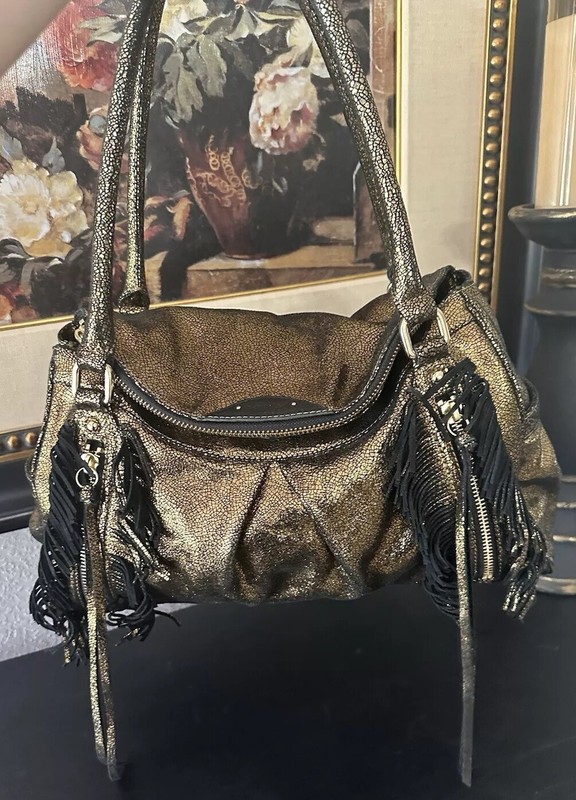 BOTKIER Gold Metallic Leather Trigger Front Flap Satchel Bag Handbag Purse gallery