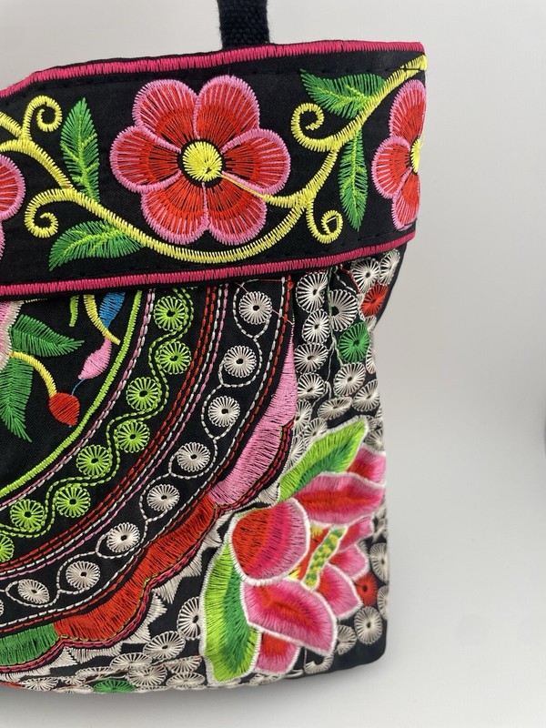 Embroidered Handbag Black With Vibrant Colorful Flowers On Both Sides Zippered gallery