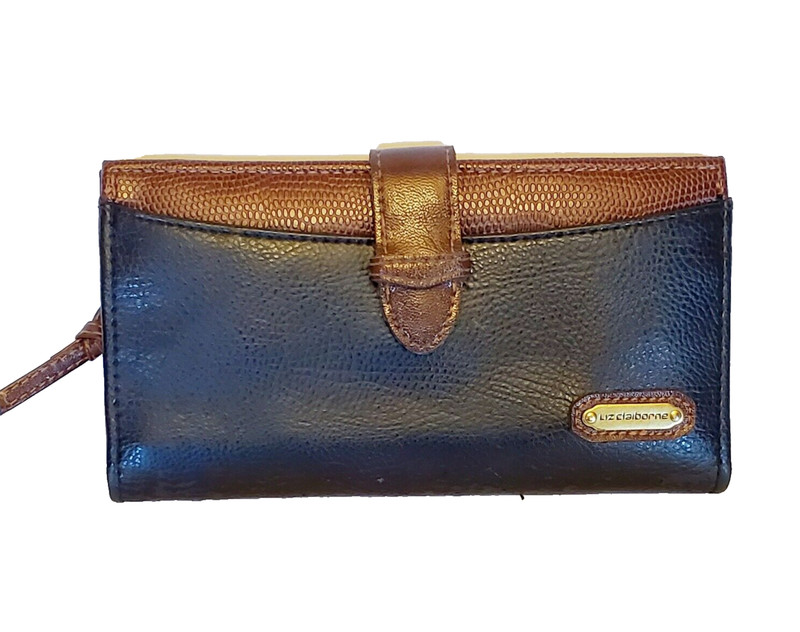 LIZ CLAIBORNE Black and Brown Leather Wallet Clutch Snaps Card Slots ID