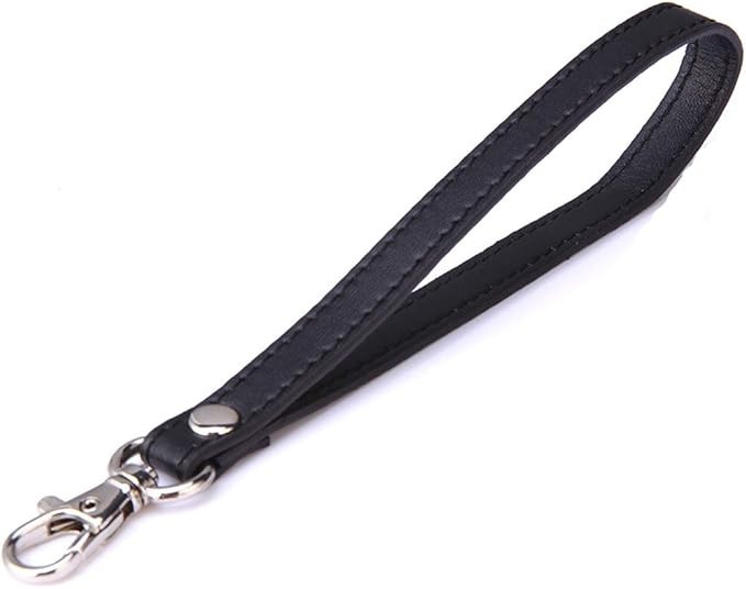 Leather Wrist Strap Wristlet For Purse Plain Leather Black With Silver Clasp