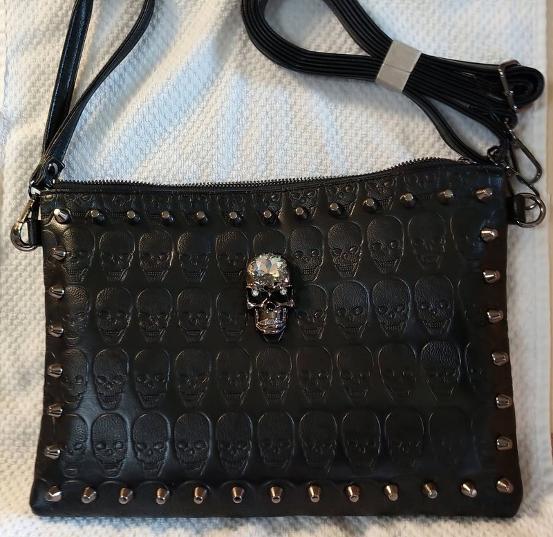 pu leather purse w skull imprint, studs, zipper & magnetic closures 12 X 8 1/2″