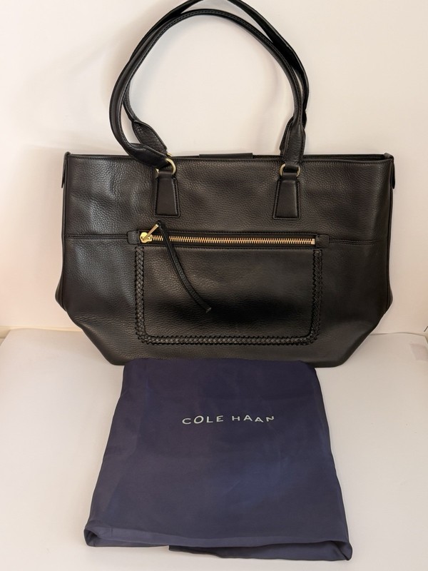 New With Tags Cole Haan Celia Medium Zip Top Tote Bag Black Leather $300 MFP