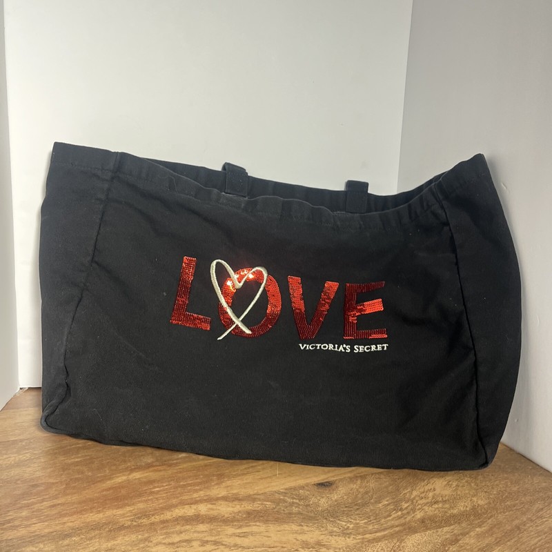 Victoria’s Secret Black w/ Red Love Logo Sequins Tote Bag Embroidery Lined