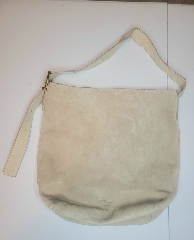 Margot New York Kaye Bucket Suede Leather Tote Bag Beige Adjustable Straps