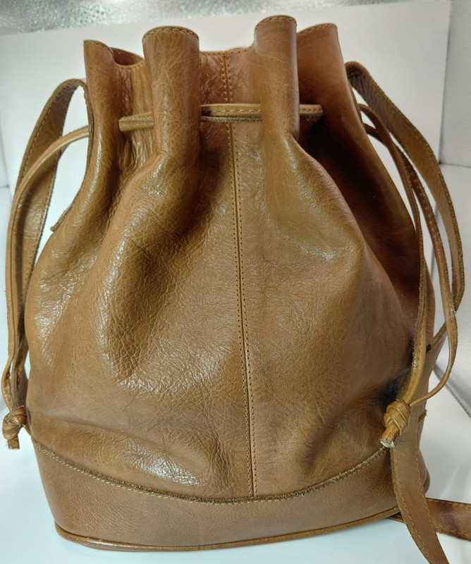Unisa Brazil Leather Drawstring Bucket Shoulder Bag Brown Boho Vintage - NICE! gallery