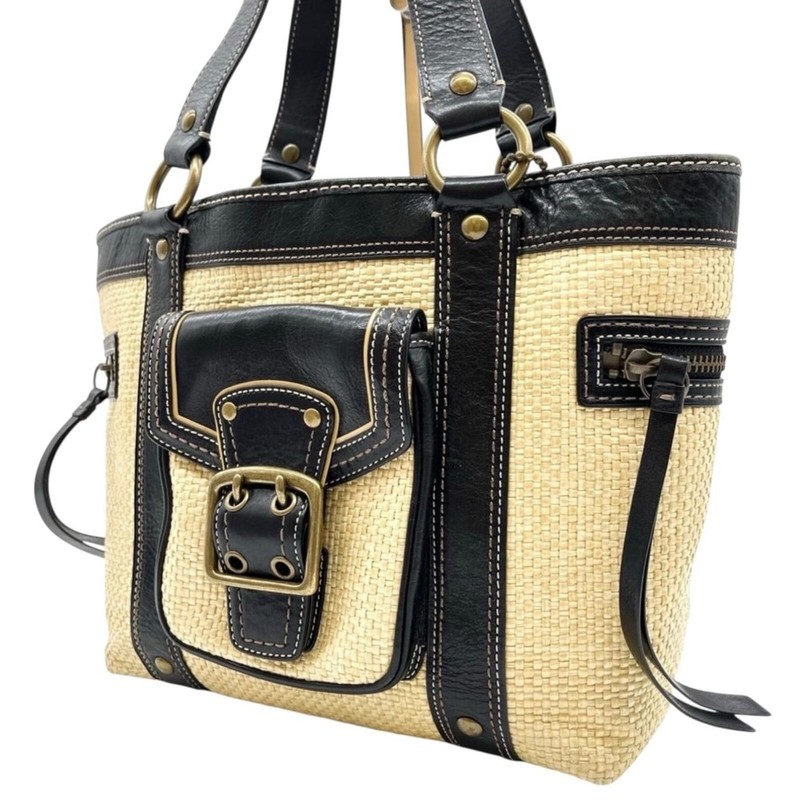 Coach Vintage Legacy Y2K Straw and Leather Tote w Brass Buckle (Soho?)