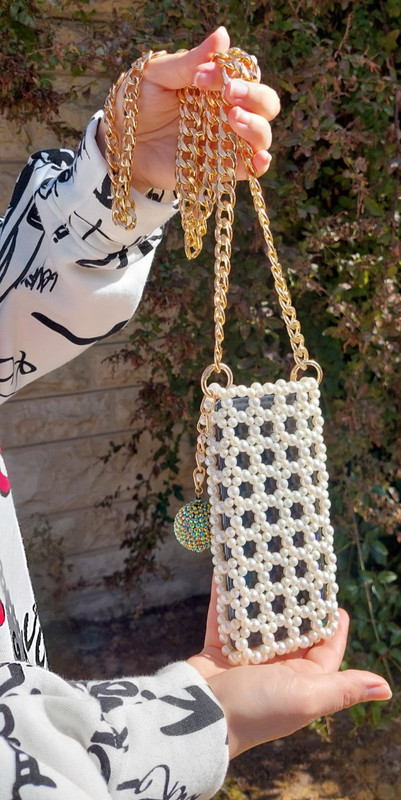 Handmade Pearl Beaded Cell Phone Bag with Gold Chain, Mobile Phone Bag Crossbody gallery