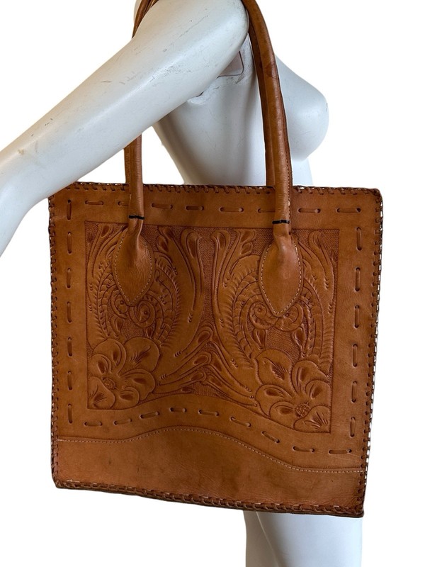 1970s hand tooled leather tote bag boho made in Paraguay