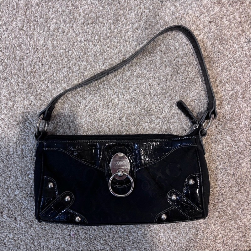 XOXO Black Patent Logo Small Shoulder Bag, Zip Closure, Silver Hardware