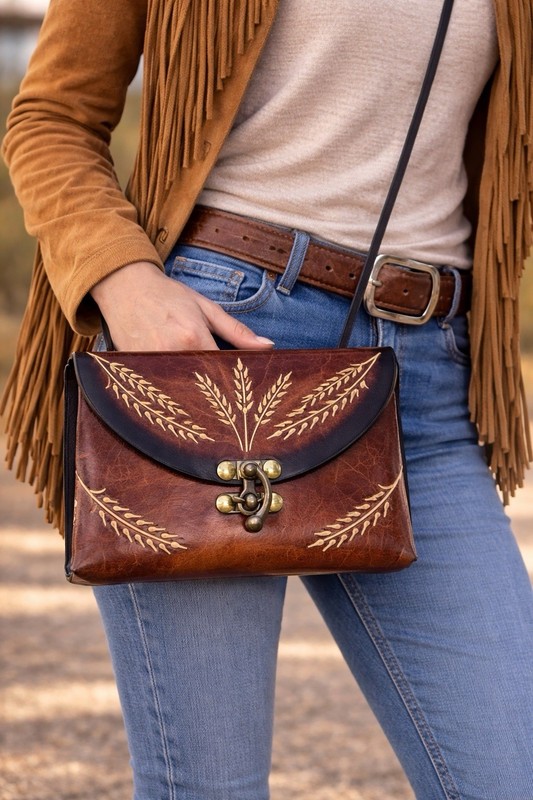 Handmade Leather Western Crossbody Bag wheat design