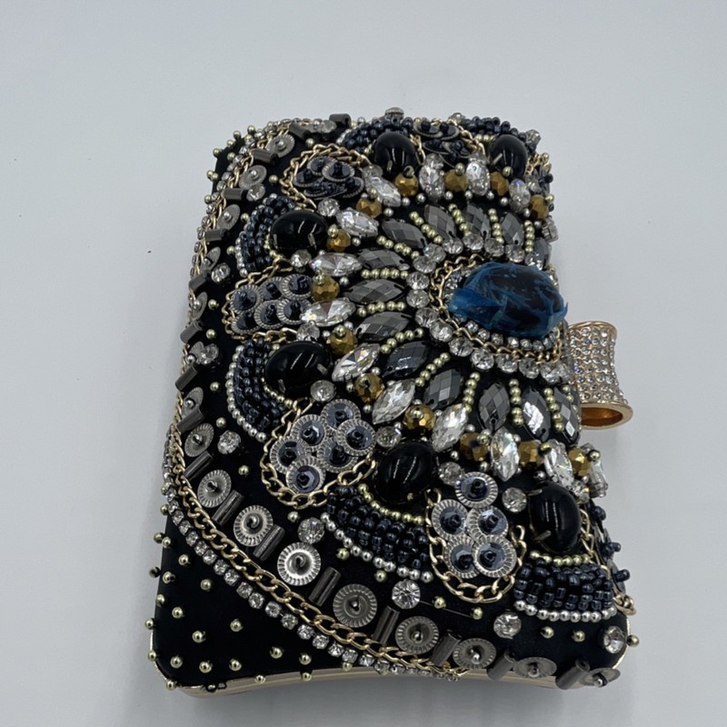 Beaded Crystal Rhinestone Clutch Black Metallic Detachable Gold Chain Strap gallery