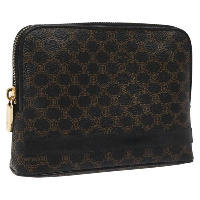 CELINE Macadam Canvas Pouch PVC Leather Black Gold Auth EC600V