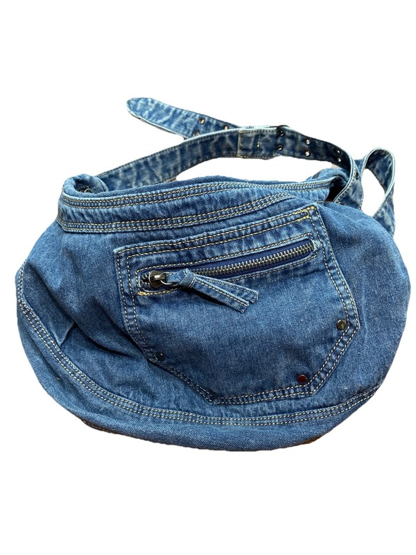Denim Jean Purse Shoulder Bag Blue Outside Pocket With Zipper/Studs Gold Stitch