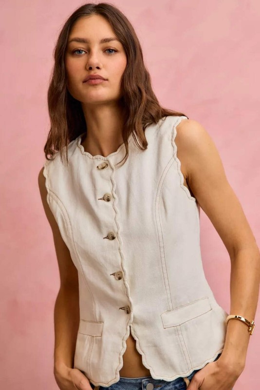 SO ME Scalloped Edge Cotton Twill Washed Vest Top gallery