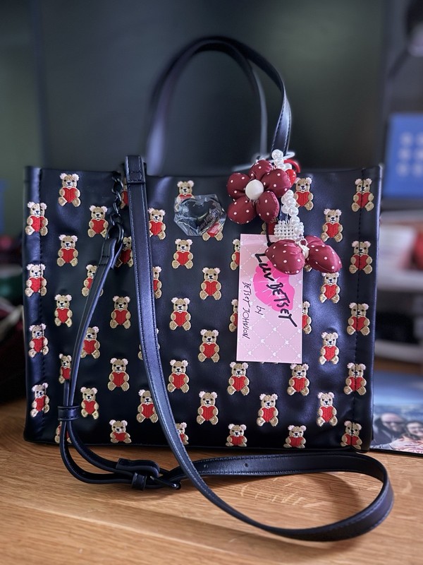 Betsey Johnson Black Teddy Bear Embroidered Tote Bag w/ Detachable Strap Charm